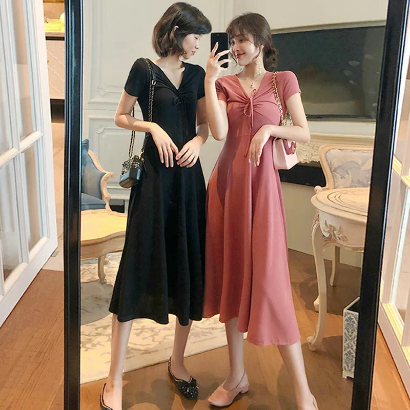 

New style retro drawstring short sleeve A word skirt Korean version slim body and thin V-neck medium long dress