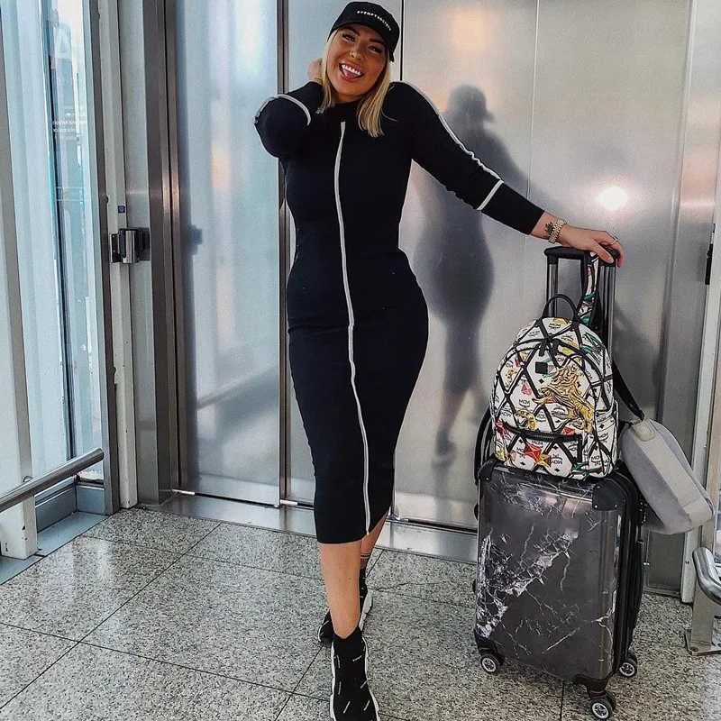 

women fashion sport casual women turtleneck long sleeves solid color midi dress outfit daily sport