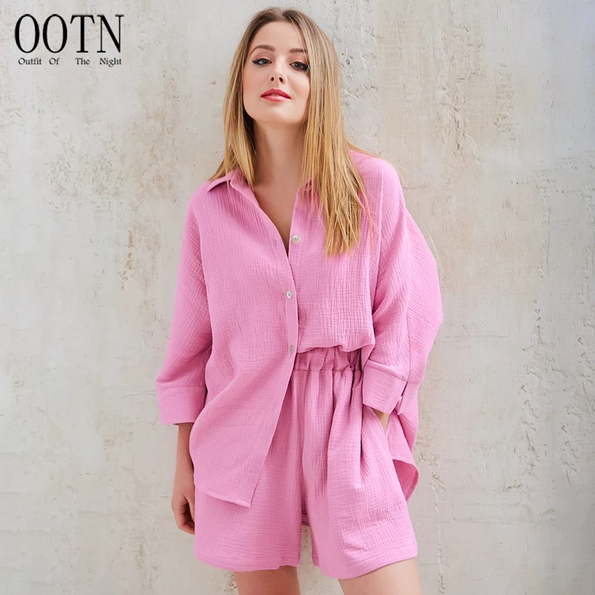 

OOTN Turn-Down Collar Nine Quarter Sleeve Sleep Tops Shorts Female Homewear Casual Sleepwear Cotton Pajamas For Women Sets Suit