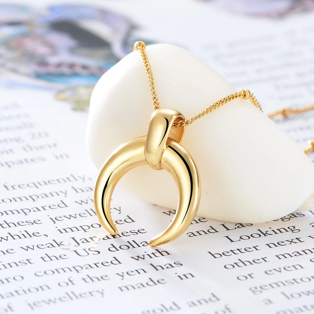

Peishang Women Horn Brass Gold Plated Half Moon Pendant Necklace With Cross Chain