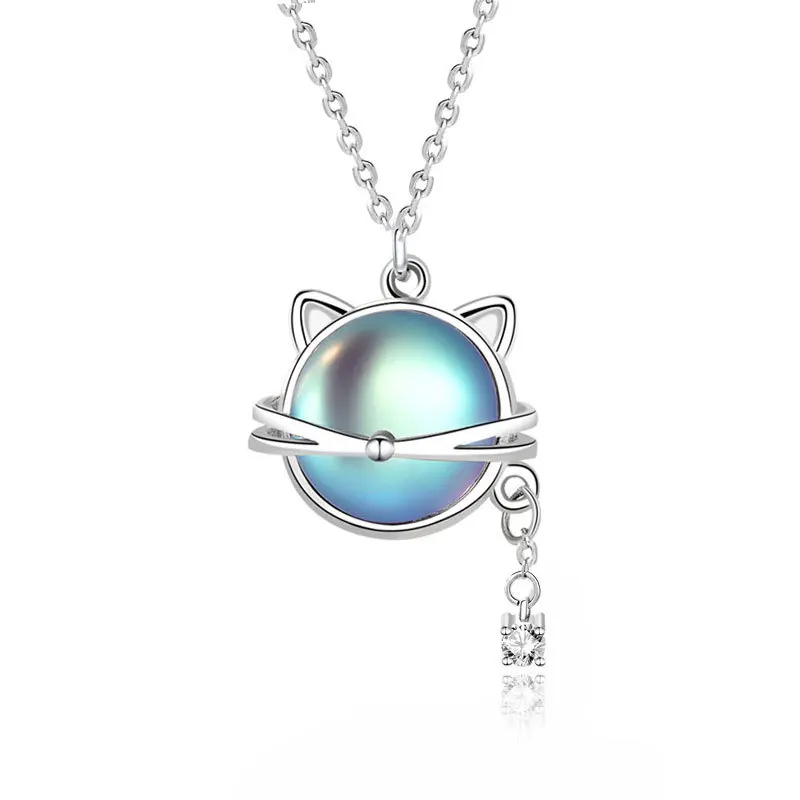 

High Quality New Design INS S925 Sterling Silver Moonstone Cat Charm Choker Pendant Necklace Women Girl