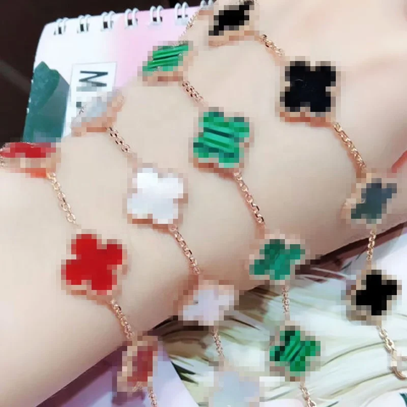 

Custom wholesale stainless steel jewelry classic black green white red shell 5 flowers four leaf clover bracelet for women, All common color are available