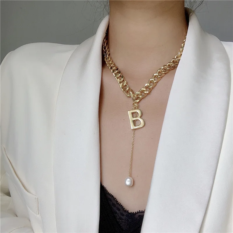 

2021 Fashion Women's Jewelry Stainless Steel Thick Chain Gold Plated Necklace Letter B Long Tassel Pearl Pendant Necklace, Like picture
