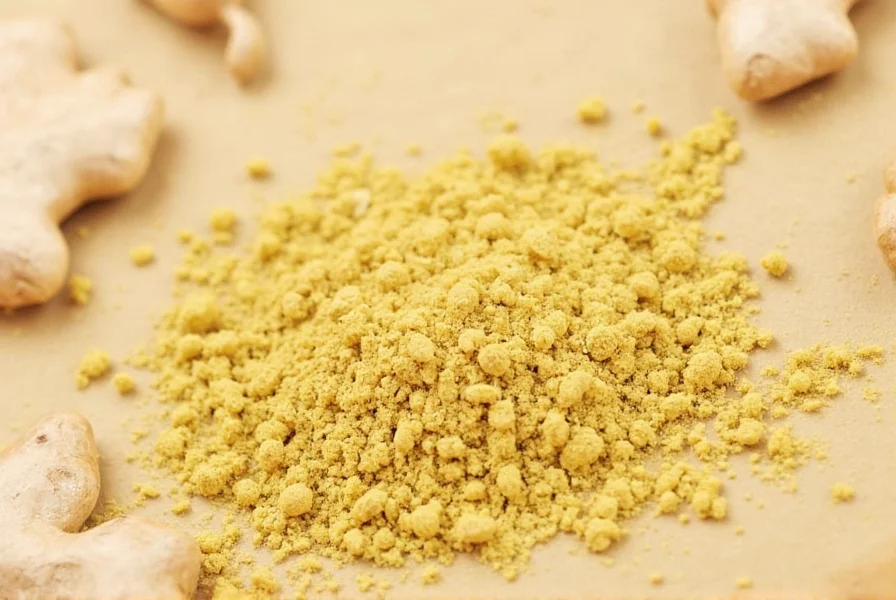 Close-up of golden powdered ginger in a spice jar with measuring spoon
