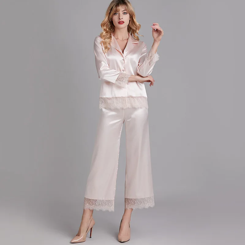 

Fashion Pijama De Saten Lounge Night Sleep Wear Two Piece Set Mulbery Silk Pajama Dress Lace Satin Pink Sleepwear Women Clothing