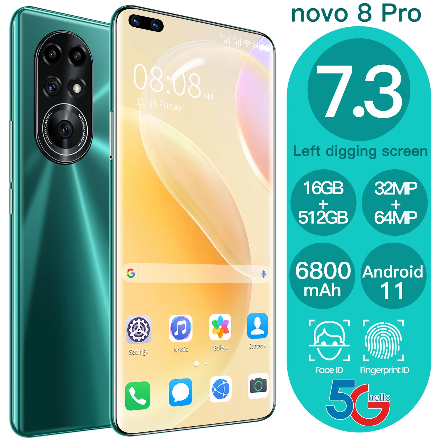 

Original Unlocked 7.3 Inch Nova 8 Pro Android Smartphone HD Camera Full screen Mobile Phone Dual SIM Card Face ID Cell Phone