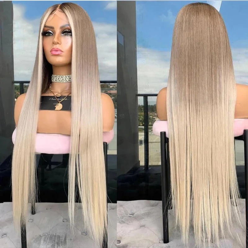 

Long 26"Human Hair Wigs Ashy Blonde Lace Front Wig 13x4 Ombre Glueless Straight Remy Hair for Women 130% Density Pre Plucked