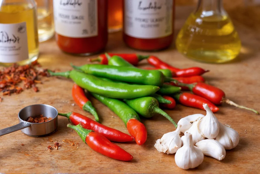 Zutaten für Hot Pepper Sauce auf Holztisch arrangiert