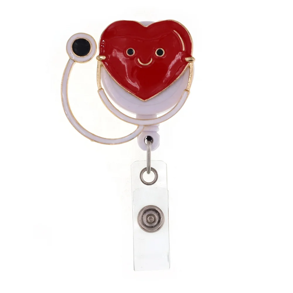 

Medical Nurse doctor staff Stethoscope Gift Red Enamel Rhinestone Crystal ID Retractable Badge Reel/clip, Vintage