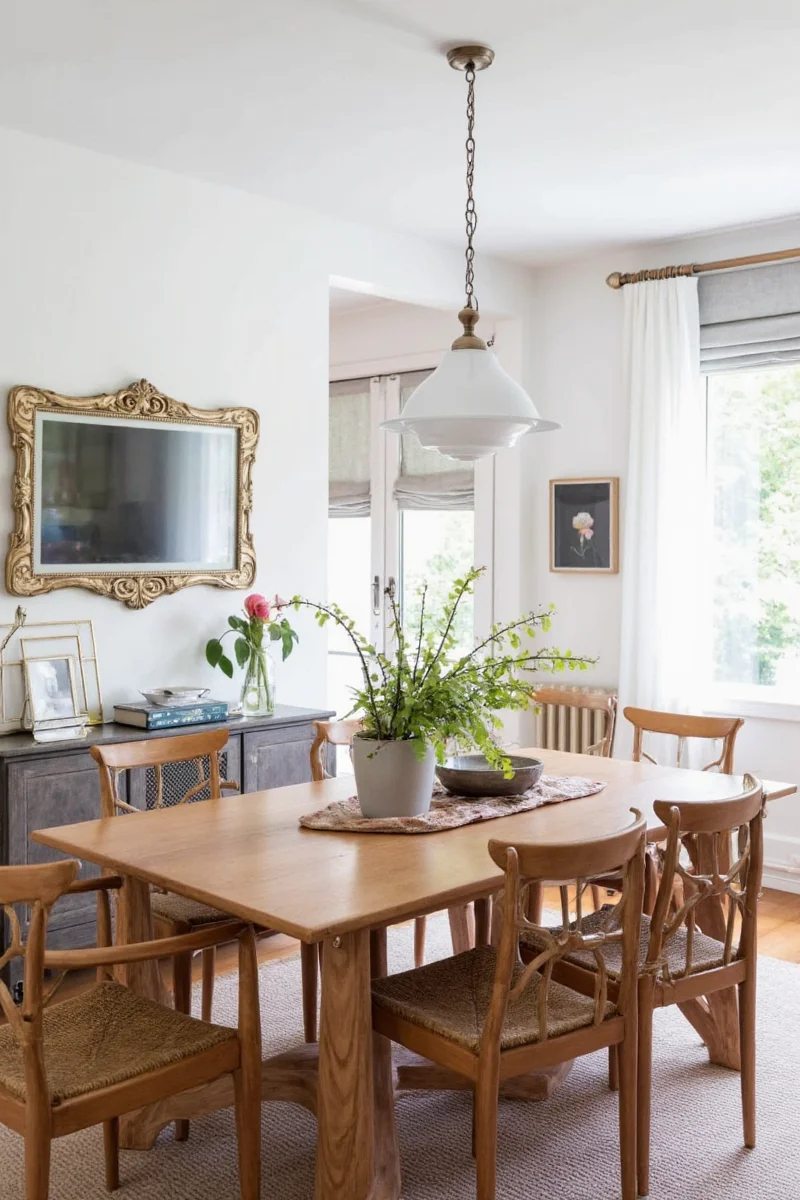 Dining room buffet with baskets and storage bins