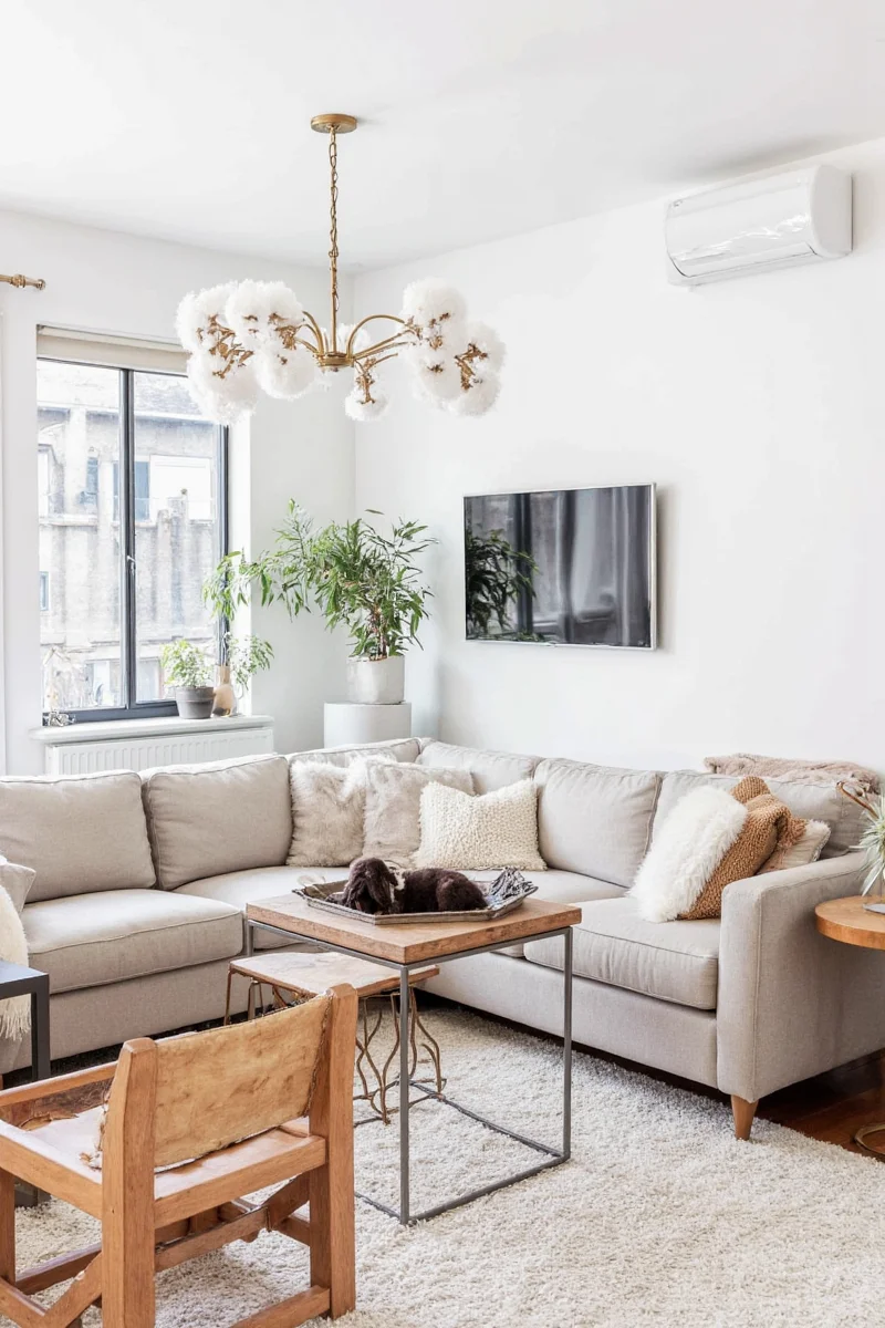 Comparison table of pet-friendly sofa materials including microfiber, leather, velvet, and linen with ratings for durability, cleanability, scratch resistance, and comfort