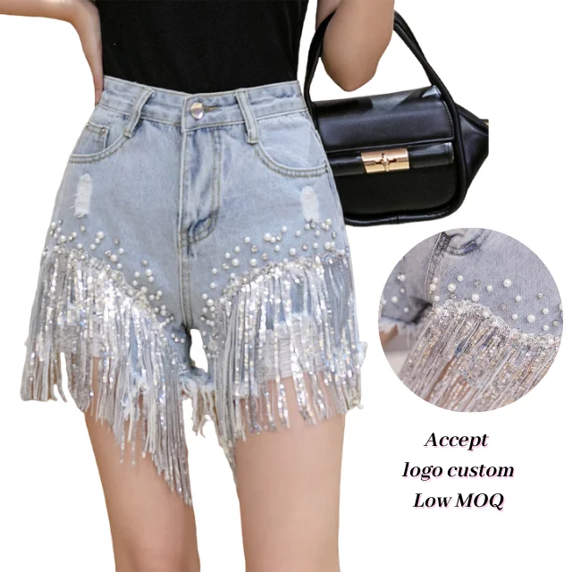 

Low Moq High Waist Denim Shorts Rhinestone Tassels Fringe Pearl Ripped Women Jeans Shorts Pants With Pockets, Picture color