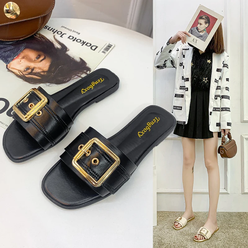 

Belt buckle with flat slippers sandals 1314, Black,beige,white