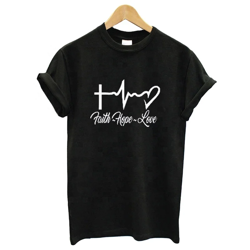 

Good Quality Christian Cotton Tshirt Faith Hope Love Heartbeat Tee Shirt O Neck Women T Shirt