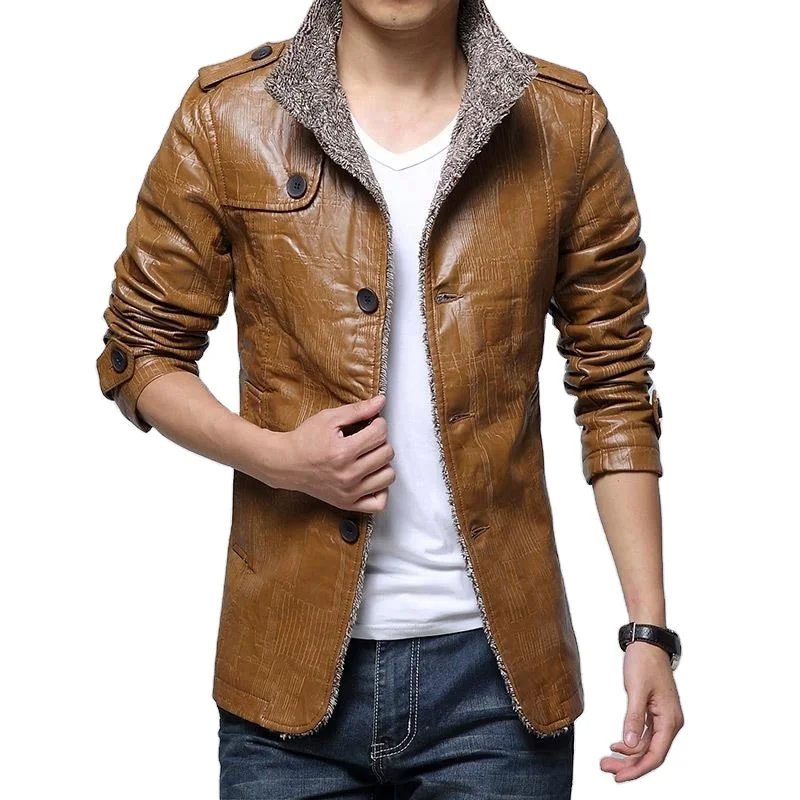 

Wholesale New Fashion Men Autumn Winter PU Leather Fleece Lapel Collar Solid Color Button Outdoor Casual Tops Coat Jacket