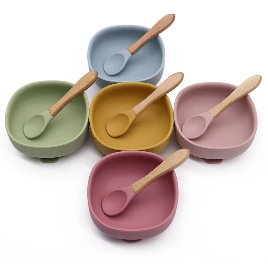 

Silicone baby suction bowls with fork and spoon, Red pink bule green yellow