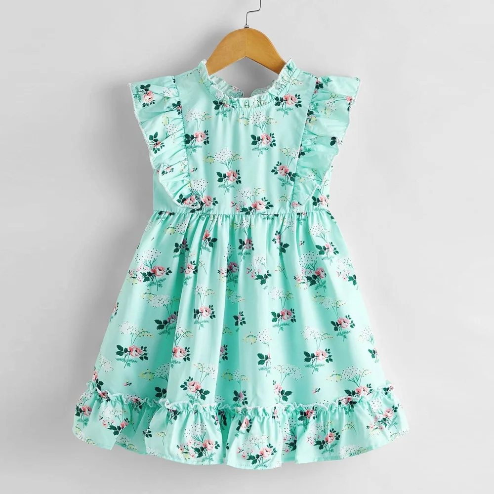 

Ready To Ship New Design Baby Girls Floral Print Ruffle Sleeve Comfy Dress Trim A-line Sleeveless Dress, Color as picture, or customized color