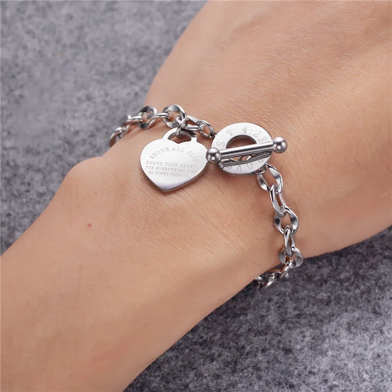 

Fashion Heart Engraved Jewelry 316L good quality Stainless Steel Rose Gold Link Chain Bracelet For Women