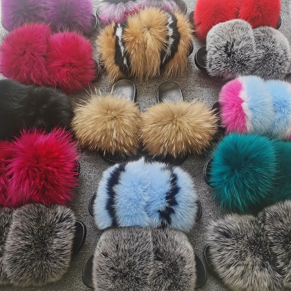 

2021 new design Wholesale raccoon slides real fur slide fox fur slippers for women