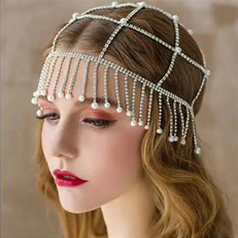 

Vintage Boho Rhinestone Pearl Tassel Hair Chain Hollow Bridal Hair Hat for Women Forehead Headband Chain Hair Jewelry, Gold silver