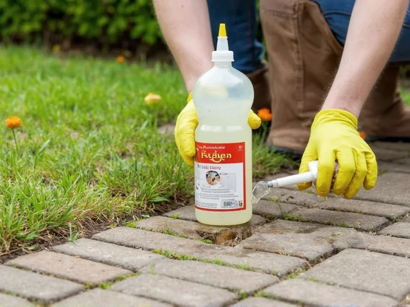 Gardener applying vinegar solution to weeds between pavers