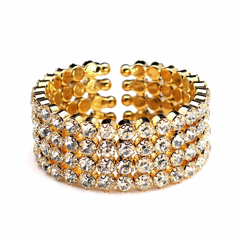 

Jachon Luxury Sparkly Four Rows Rhinestones Bangle Gold Plated Wrap Open Springy Women Wide Bangle, Gold,silver