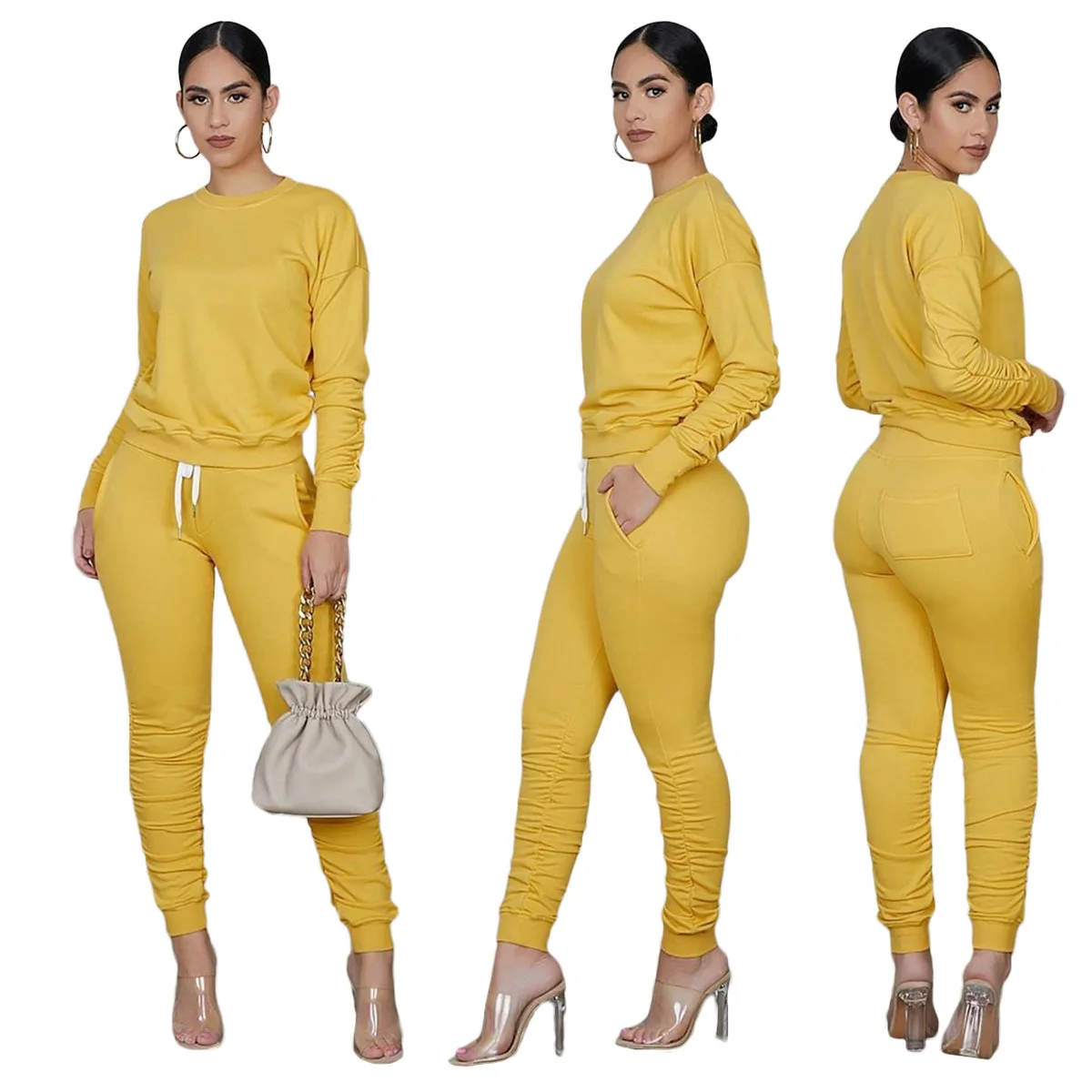 

Autumn Hooded Zipper Sweater Tights Two-piece Solid Color Sports Suit, Yellow, black, blue, red