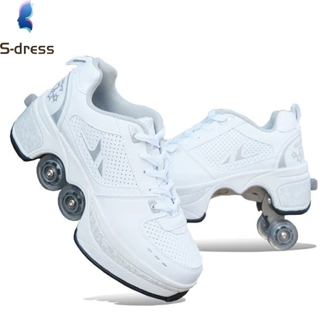 

Newest Quad Wheels Deformation Retractable Rollers Double-row Kids 4 PU Wheel Skates Youth Deformed Kick Out Roller Skate Shoes, Multi
