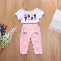 

Little Girl Summer Outfit Set White Cute Printed Crop Top + Pink Distressed Patch Pants 2 pcs Kid Girl Fashion Clothing Set