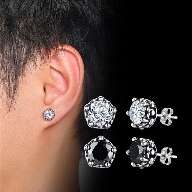 

9MM Vintage Style Personality Jewelry Six-claw Zircon Jewellery 316L Stainless Steel Men Diamond Earring, White, black