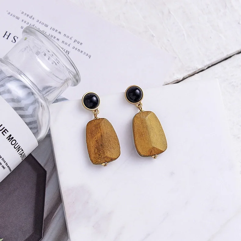 

Trendy Gold Plated Alloy S925 Silver Stud Black Acrylic Ball Wooden Drop Earrings
