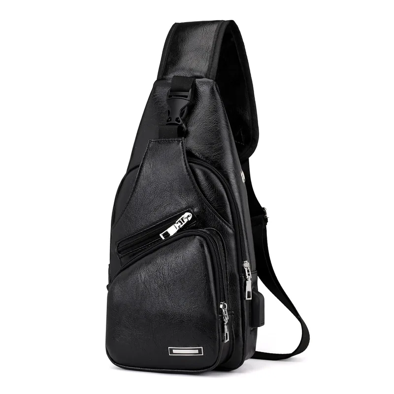 

Hot Selling Anti Theft Crossbody PU Leather Bags Chest Men Casual USB Charging Sling Travel Messengers Bag, 3 colors