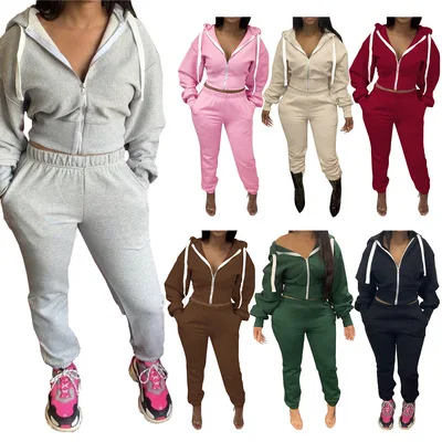 

Custom Logo Fall Hoodie Two Piece Sweatpants Sweatsuit Set Tracksuit Women Private Label Sweat Suit, As pictures showed