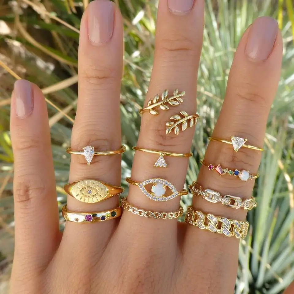 

Top hotselling fashion diamond 11pcs set gold eye leaves stainless steel women jewelry rings, As pic