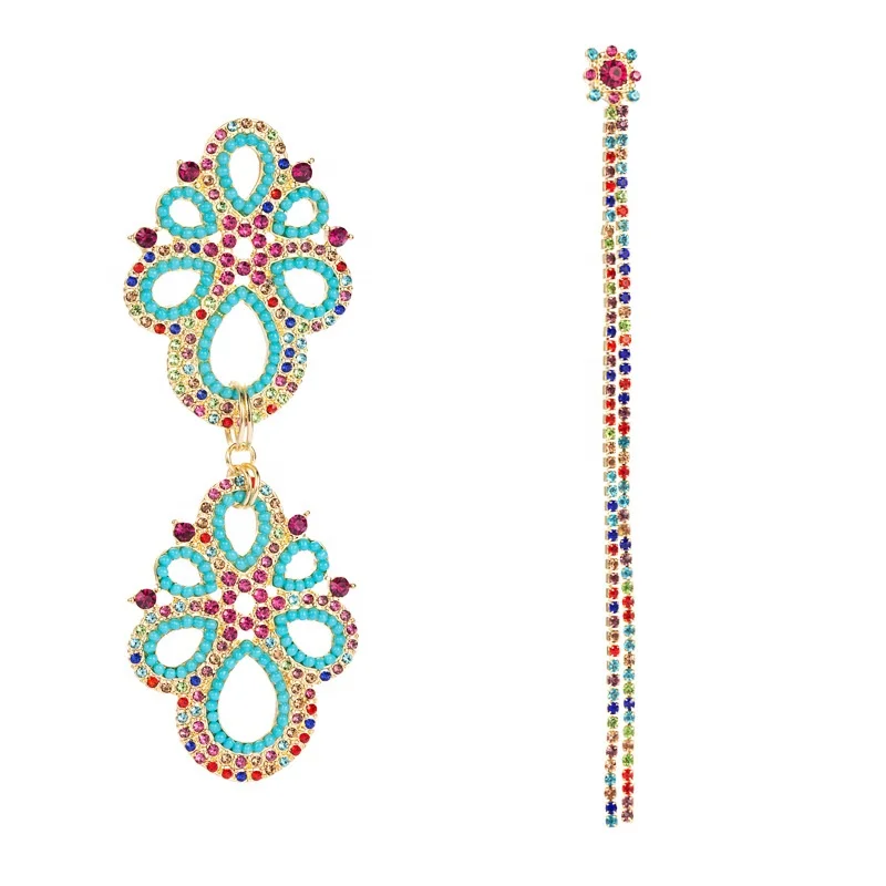 

Dina New Arrival Bohemia Summer Extra Long Tassel Crystal Asymmetric Earrings With Flower For Women, Multi