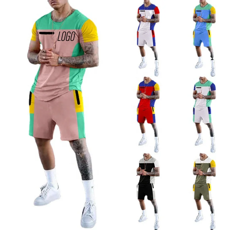 

custom logo men Two Piece summer sweatsuit sports track suit sets Casual Patchwork Tricolor training jogging wear track suits