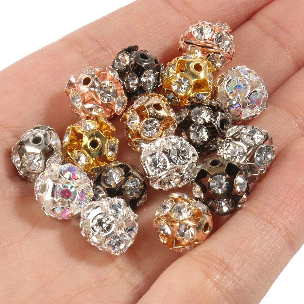 

6/8/10MM Rhinestone Ball Beads Metal Crystal Round Spacer Loose Beads for Bracelet Jewelry Making, Silver color, rose gold, gold, bronze, black