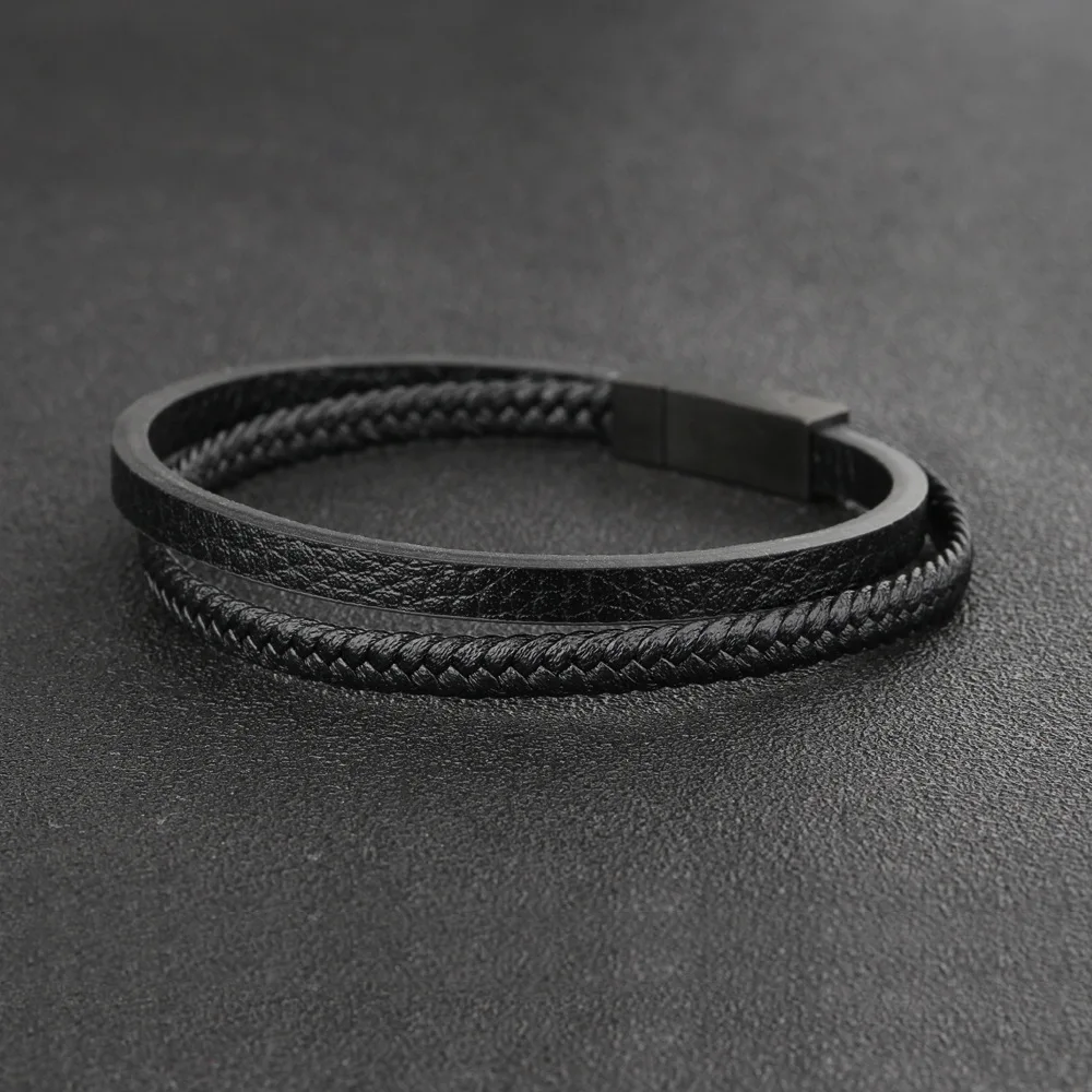 

Vintage Men's Leather Bracelet Stainless Steel Double Layer Leather Braided Bracelet Wholesale (KB8427), As picture
