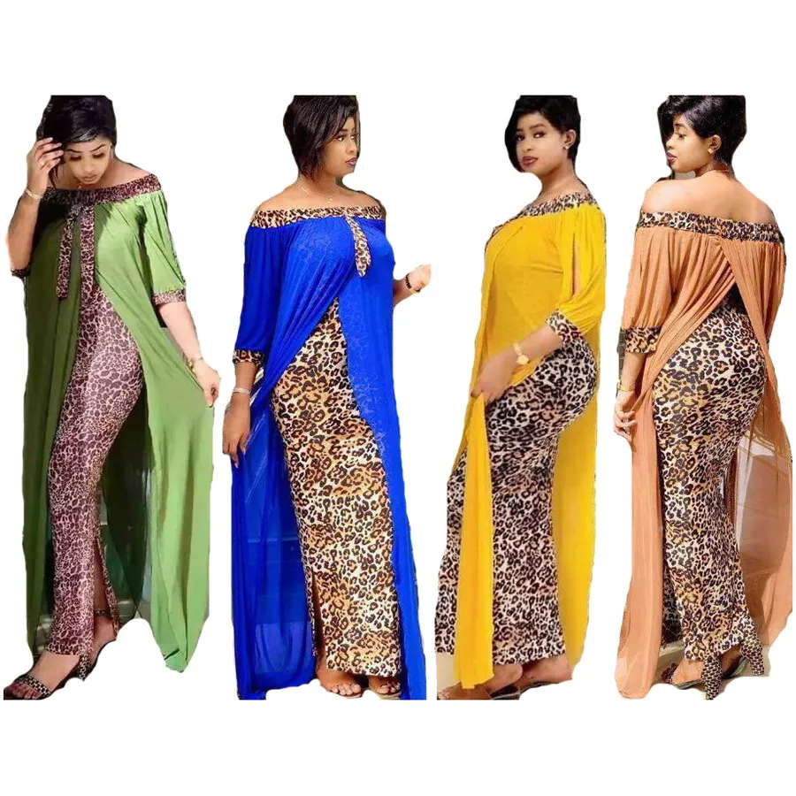 

Foma FM-620 African clothing sexy off shoulder chiffon patchwork dresses woman plus size leopard long dress, 5 colors