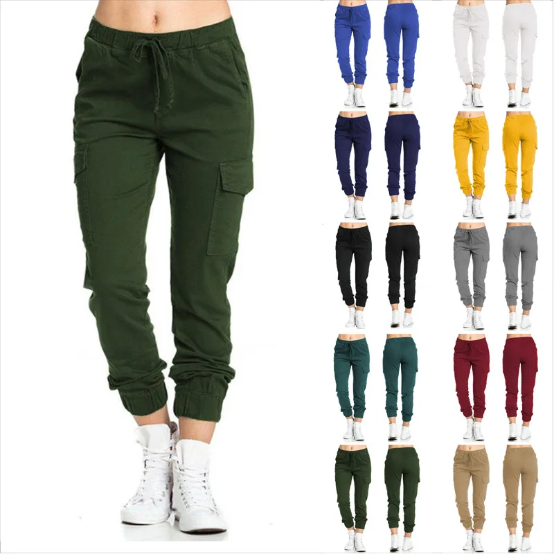 

2022 Women's Pants Work Elastic Waist Streetwear Women's Cargo Pants Long Belt 4 Pockets Casual Elastic Waist Tie Side Pocket Pa