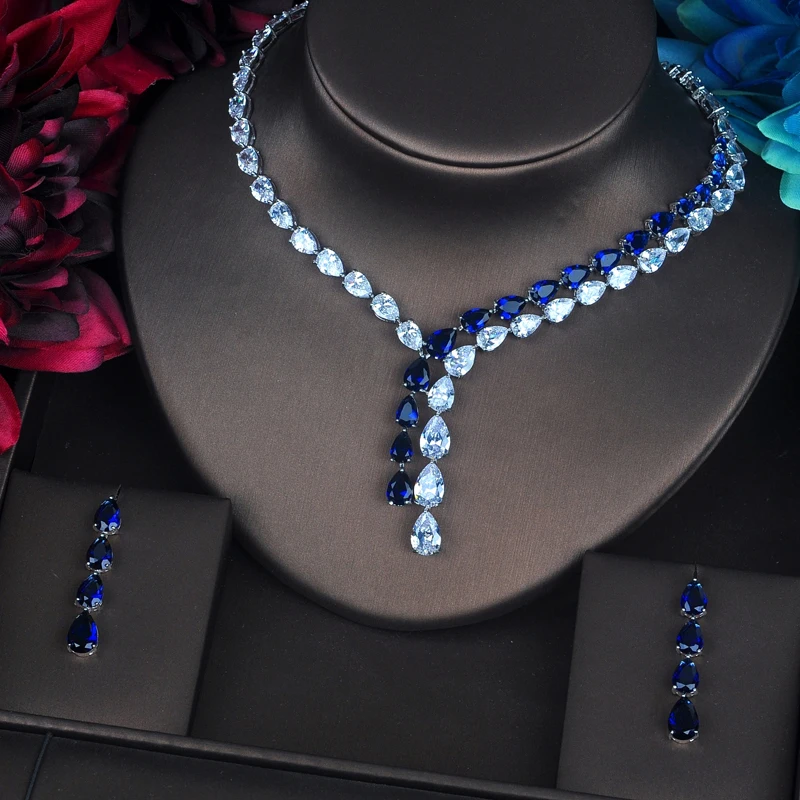 

Luxury light blue water drop jewelry set for women necklace set wedding dress accessories factory wholesale price