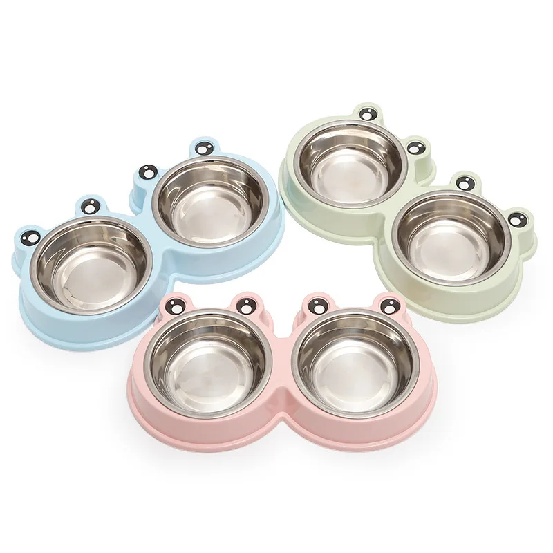 

Manufacturers Hot Selling Cat Bowl Frog Cartoon Shape Stainless Steel Double Pet Bowl Dog Food Bowl, As picture