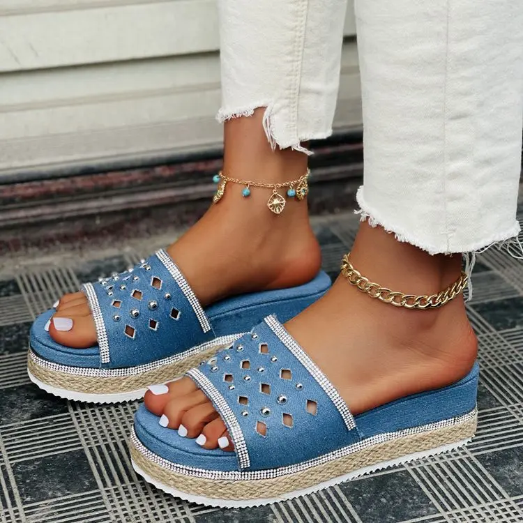 

Trendy New ladies sandals hollow out summer rhinestone platform sandals for women, Black,blue