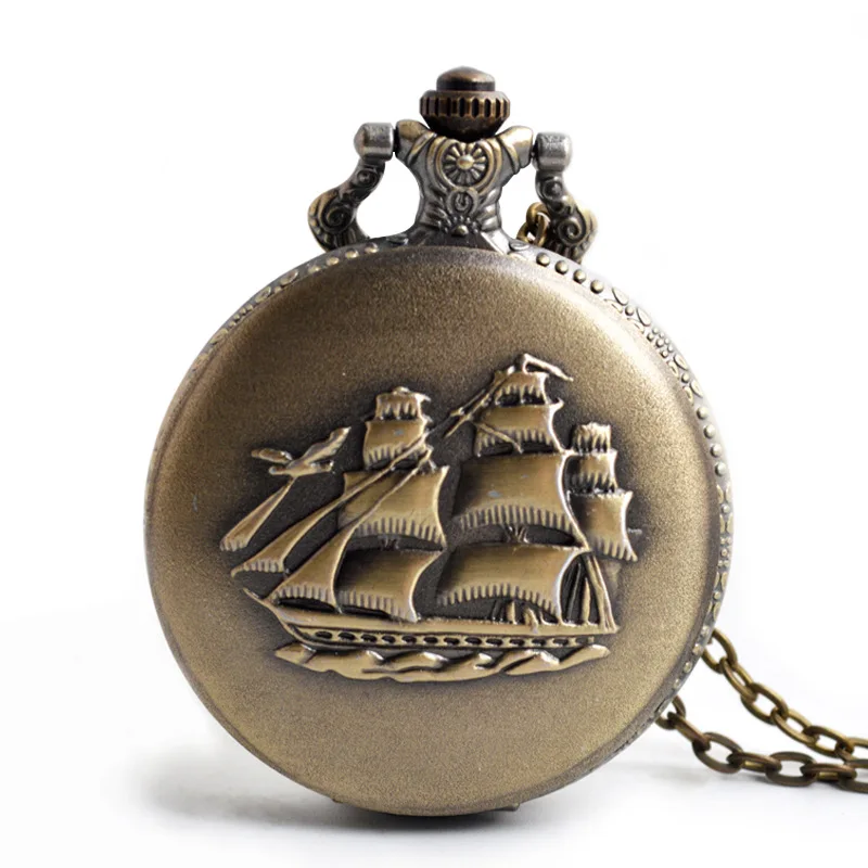 

Bronze Sailing Canvas Boat Ship Quartz Pocket Watch Necklace Clock Pendant Vintage Watches Chain Women Men Christmas Gift