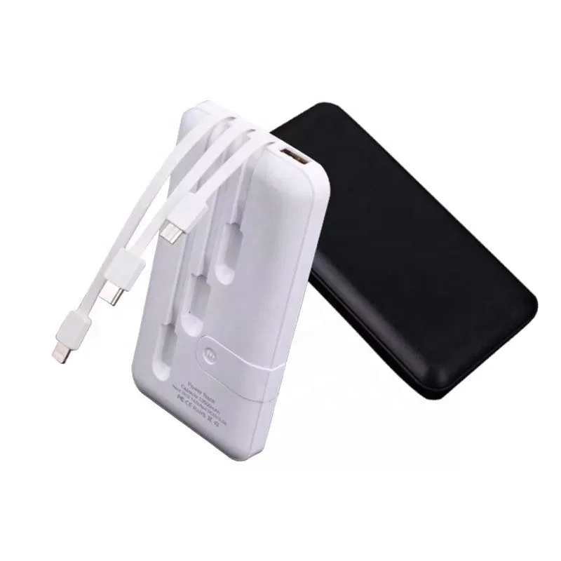 

Shenzhen Top One Electronics Stylish design Cheap Price Slim portable power bank 10000mah with built-in cables and phone holder, White, black, red, blue etc