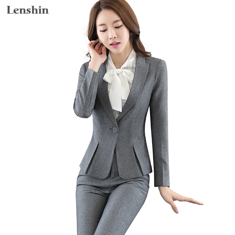 

Lenshin 2 Pieces Set Women Business Suits Formal Office Lady Uniform Design style Gray pant Suit New Women Work Wear Blazer, Black, dark gray