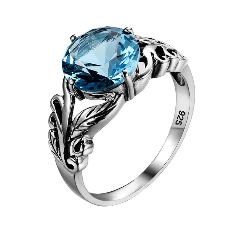 

Jewelry Manufacturer Real 925 Sterling Silver Ring Blue Topaz Women Rings Silver 925 Carved Plant Pattern Gemstone Rings
