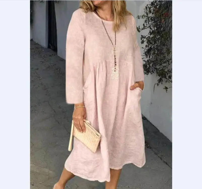 

2021 Hot Sale Loose Crew Neck Dress Plus Size Long Sleeve Cotton Dress Women, Picture color