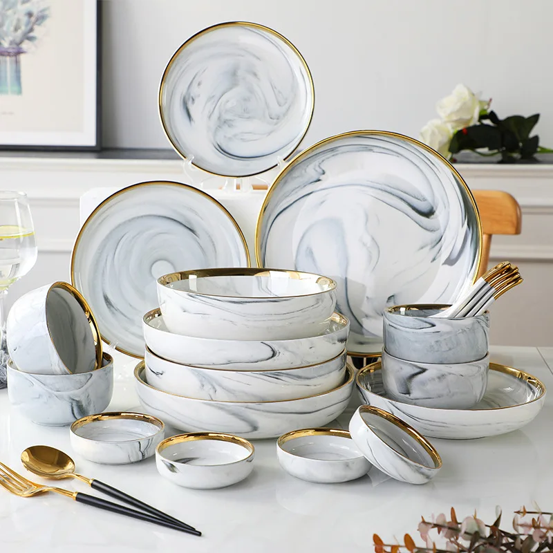 

Best selling gold rimmed china marble bowl Fine Porcelain dishes bowl dinner ware, Grey