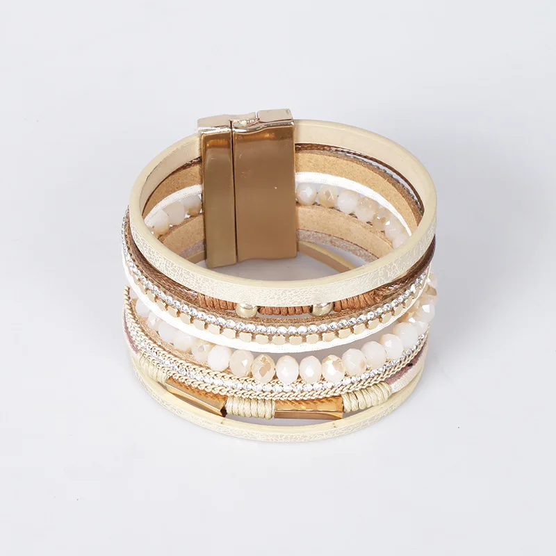 

Hot Sale Women Jewelry Crystal Rhinestone Glass Beaded Bracelet Magnetic Buckle Multi Layer White Leather Bracelet